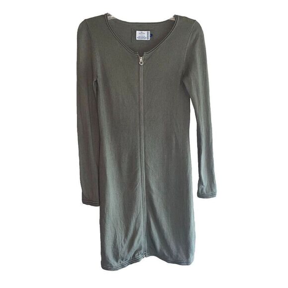 Cashmere Blend Sweater Dress Olive Green Front Zip Boho Y2K Quiet Luxury Small - Picture 6 of 16
